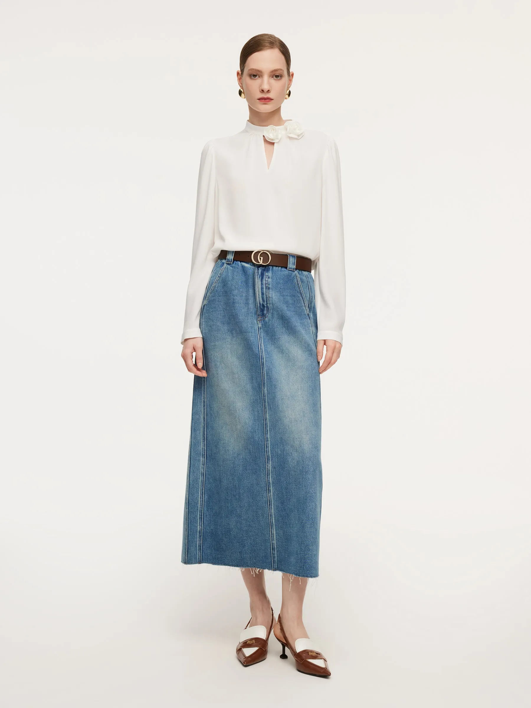 Lyocell Cotton Blend Denim Frayed Hem Women Skirt With Belt sold by Goelia product image thumbnail 3
