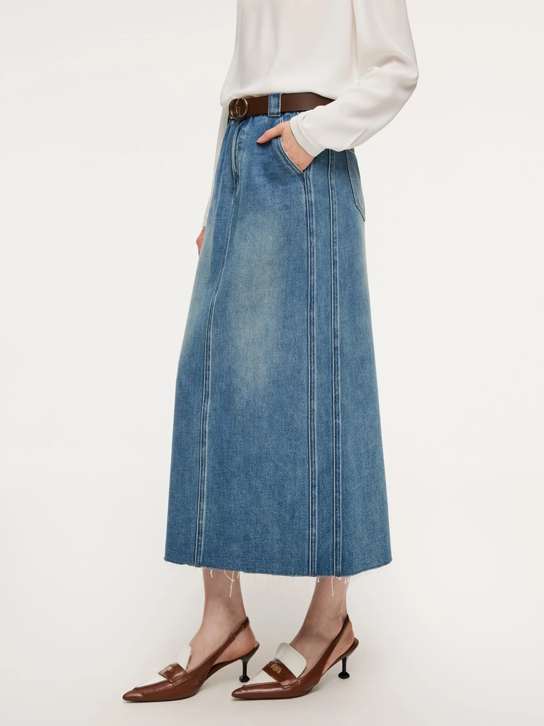 Lyocell Cotton Blend Denim Frayed Hem Women Skirt With Belt sold by Goelia product image thumbnail 2