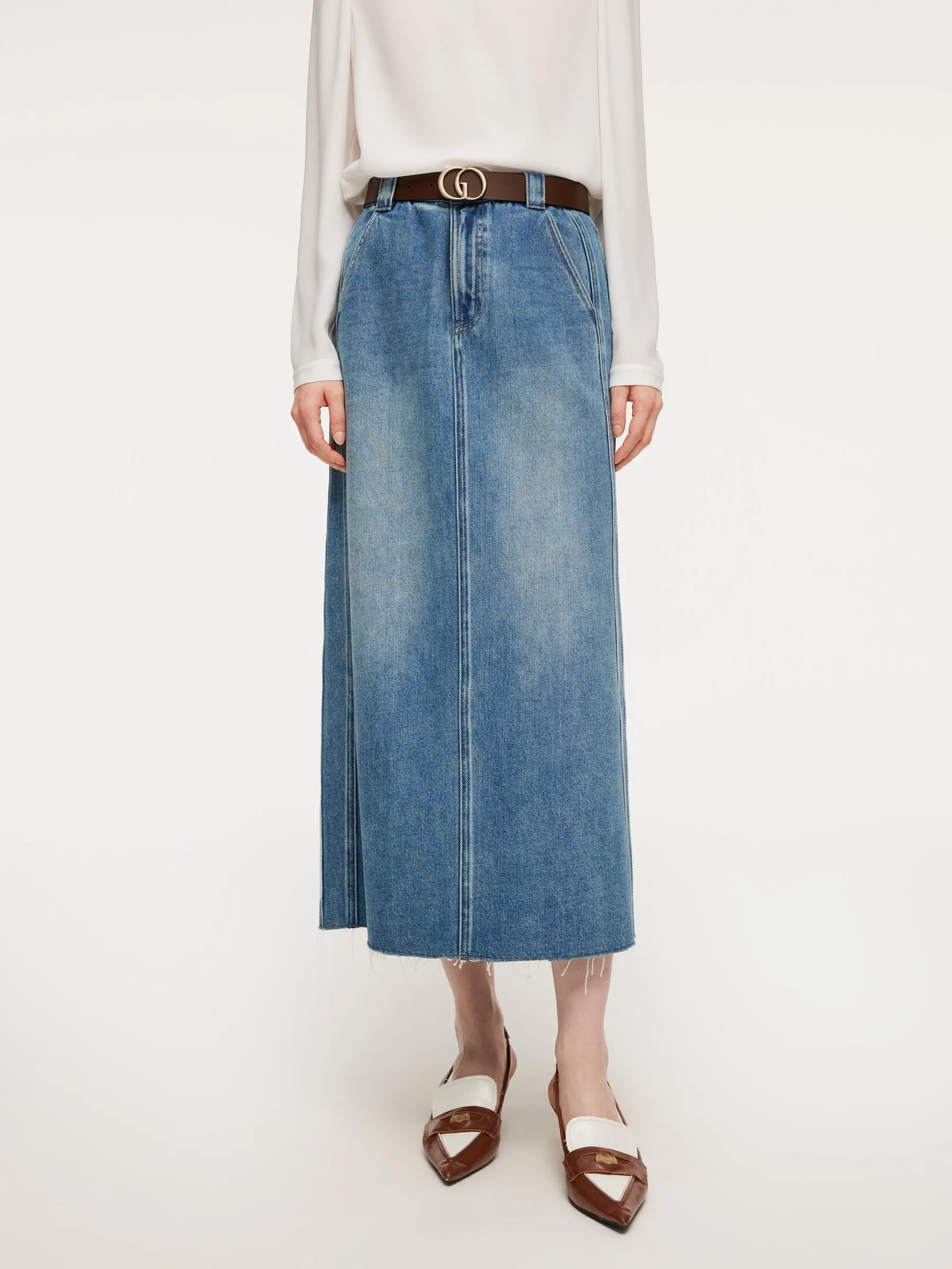 Lyocell Cotton Blend Denim Frayed Hem Women Skirt With Belt sold by Goelia
