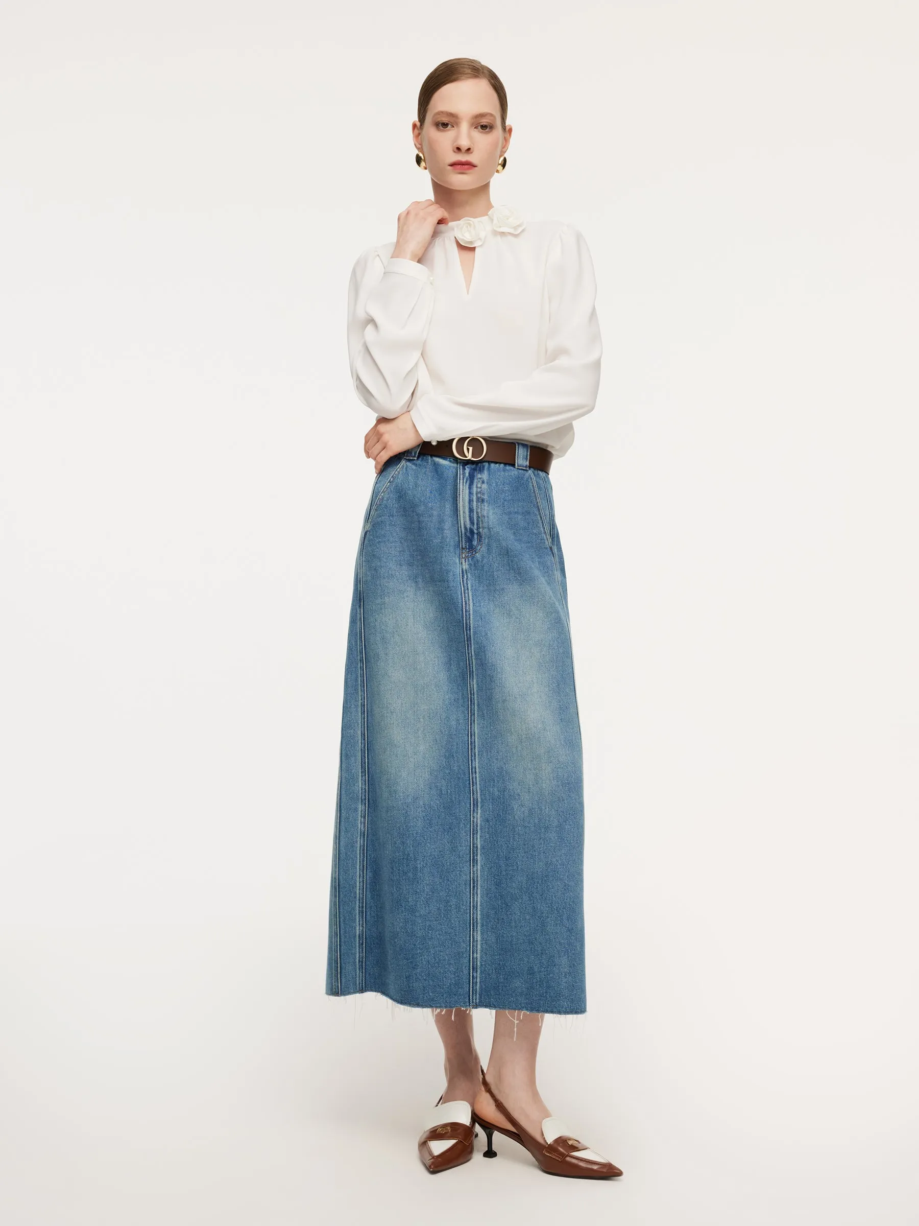 Lyocell Cotton Blend Denim Frayed Hem Women Skirt With Belt sold by Goelia product image thumbnail 5