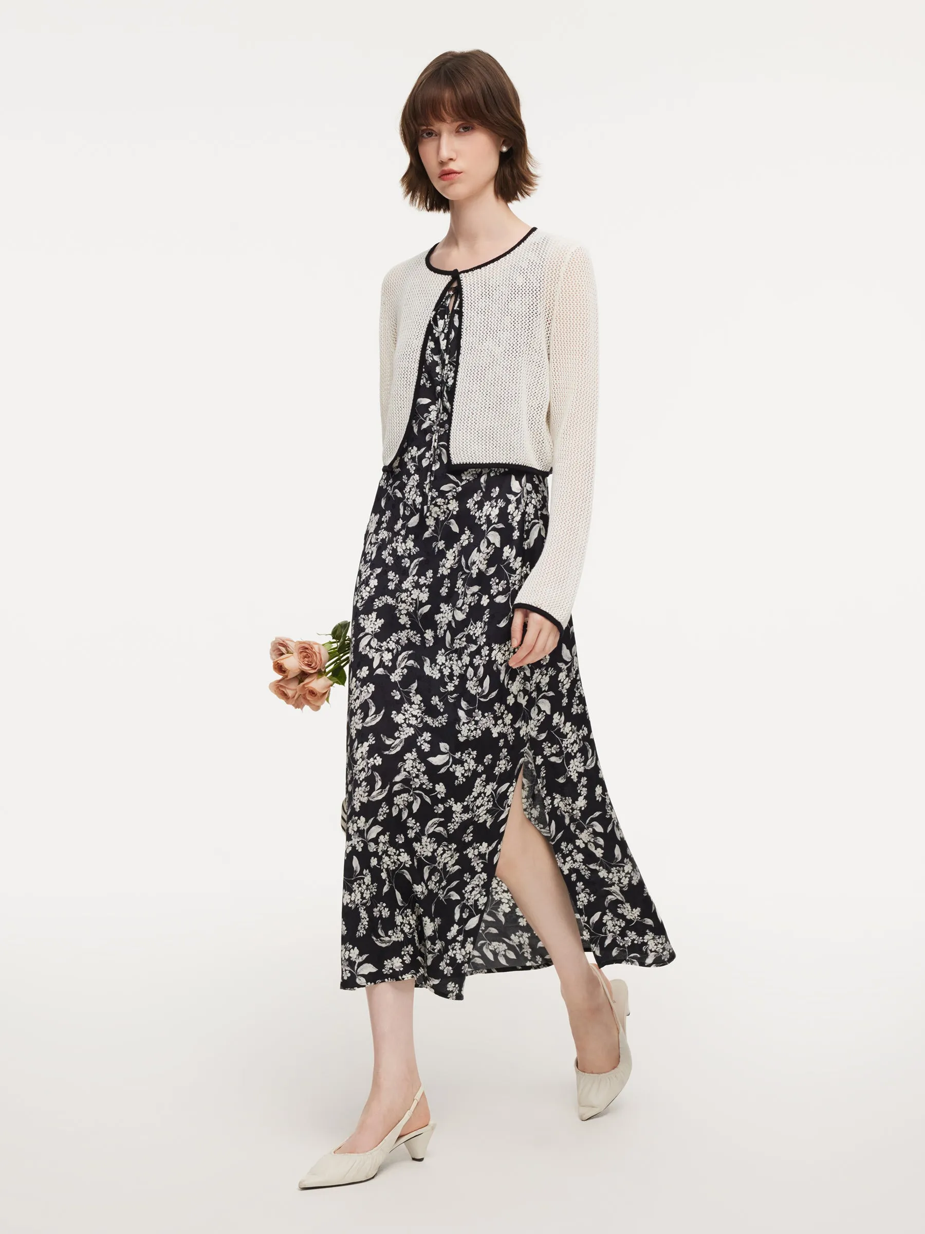 Contrast Trim Openwork Cardigan And Floral Print Sleeveless Dress Two-Piece Set sold by Goelia product image thumbnail 2