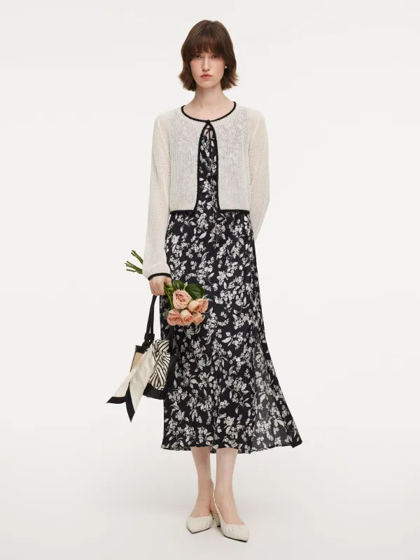 Contrast Trim Openwork Cardigan And Floral Print Sleeveless Dress Two-Piece Set sold by Goelia