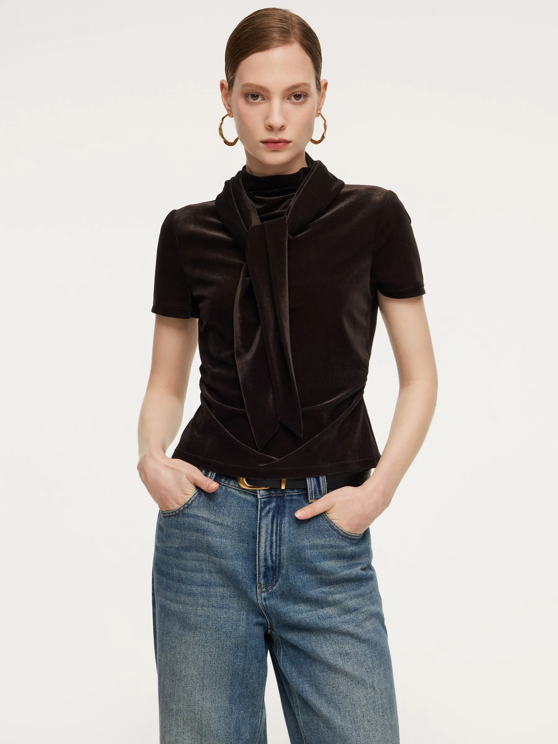 Mock Neck Ruched Women Knit Top With Triangle Scarf sold by Goelia product image thumbnail 4