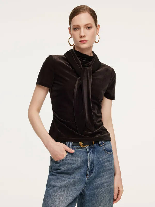 Mock Neck Ruched Women Knit Top With Triangle Scarf sold by Goelia