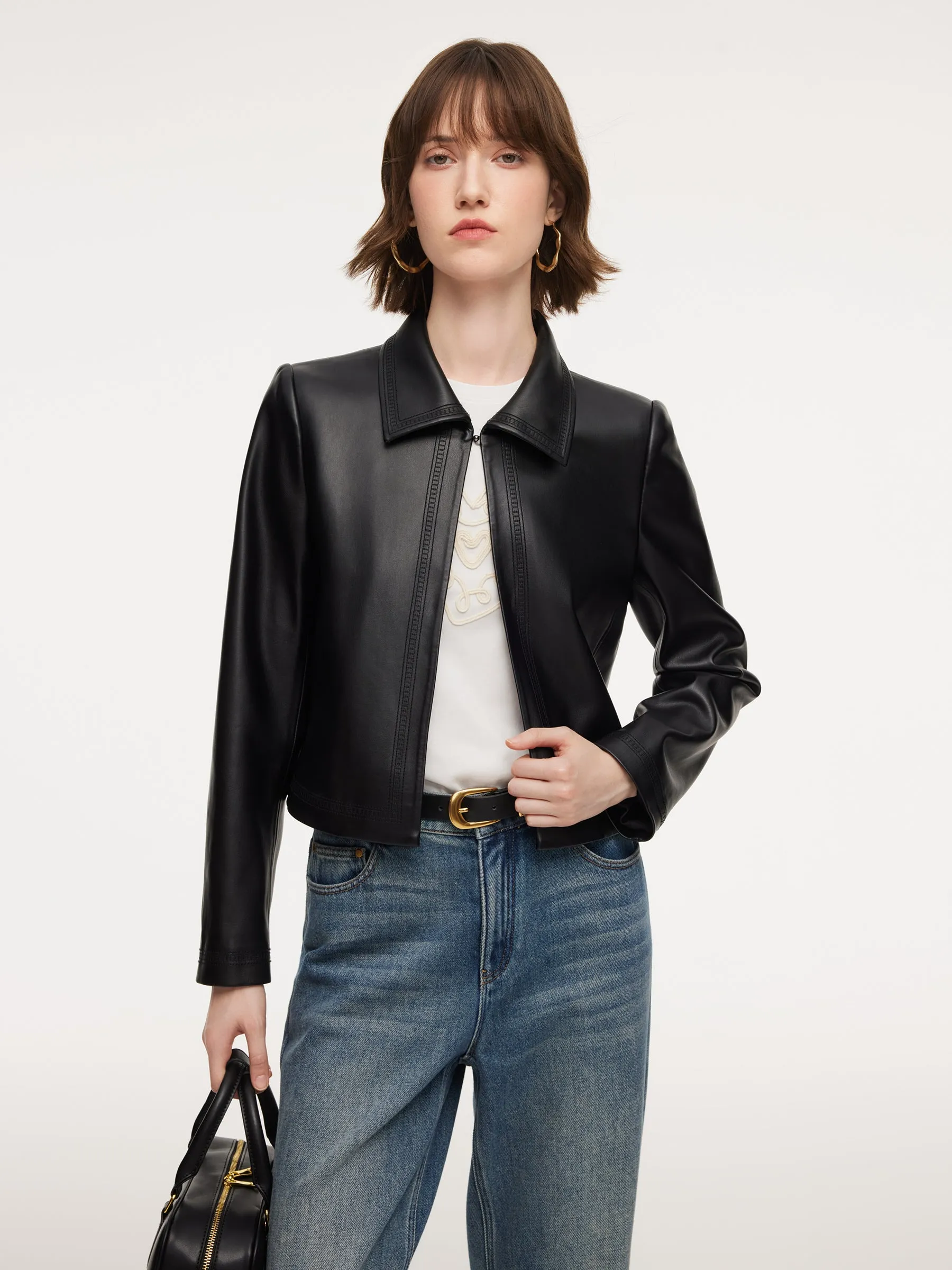 PU Leather Embroidered Trim Women Cropped Jacket sold by Goelia product image thumbnail 2