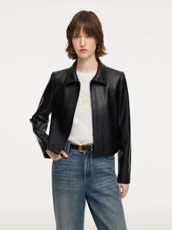 PU Leather Embroidered Trim Women Cropped Jacket made by Goelia