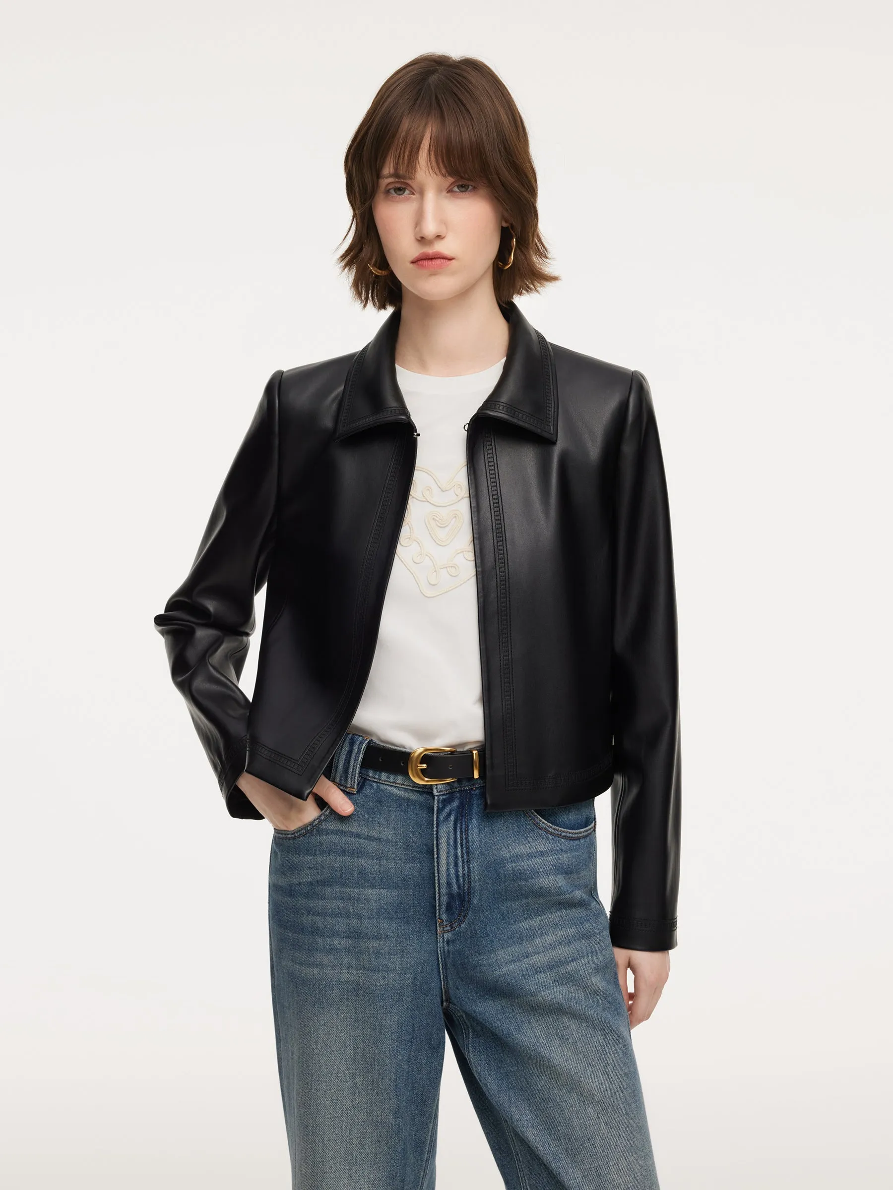 PU Leather Embroidered Trim Women Cropped Jacket sold by Goelia