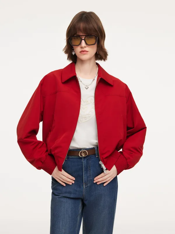 Chili Red Zip-Up Women Cropped Jacket sold by Goelia