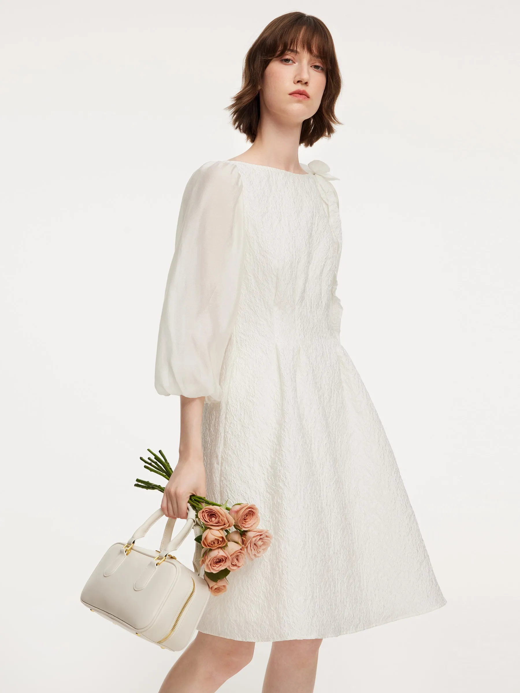 Jacquard Boat Neck Women Midi Dress With Detachable Flower sold by Goelia product image thumbnail 2