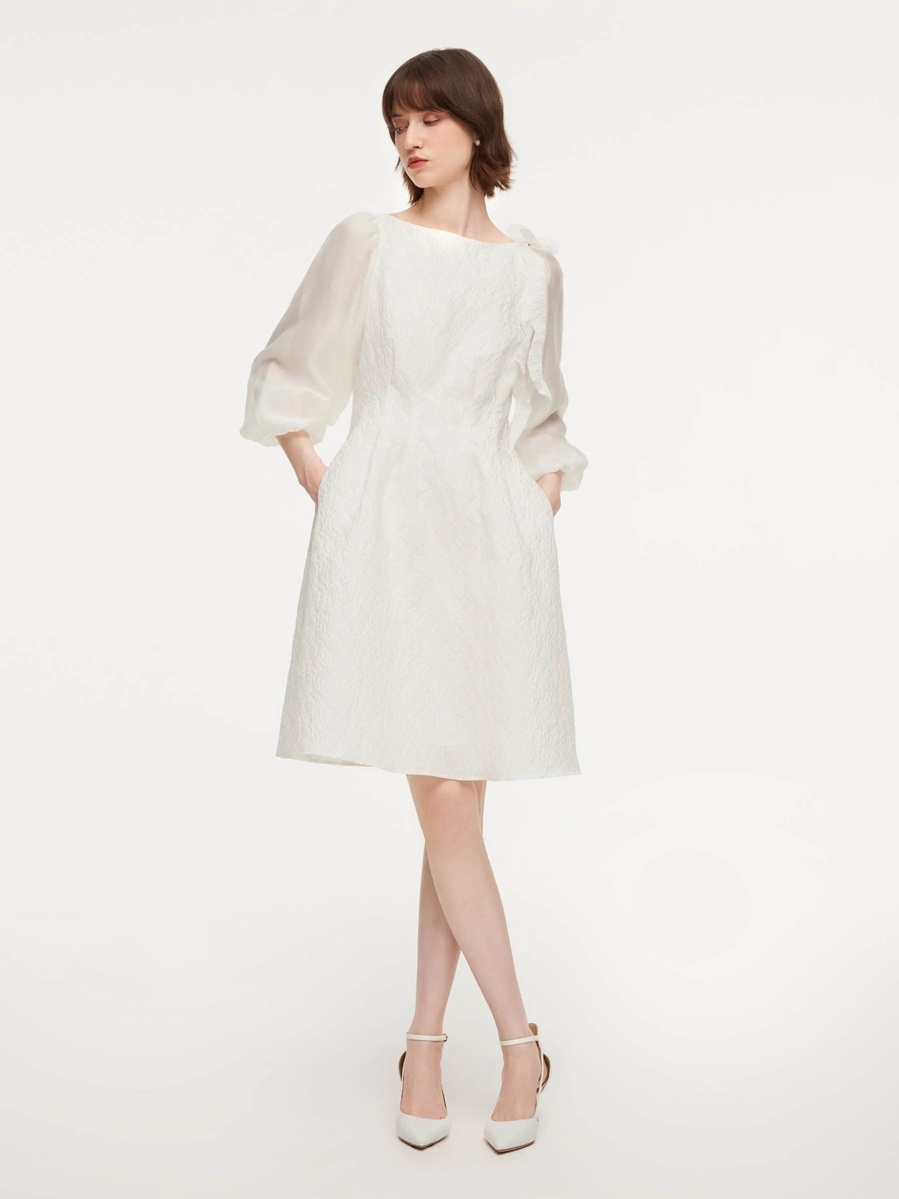 Jacquard Boat Neck Women Midi Dress With Detachable Flower sold by Goelia product image thumbnail 3