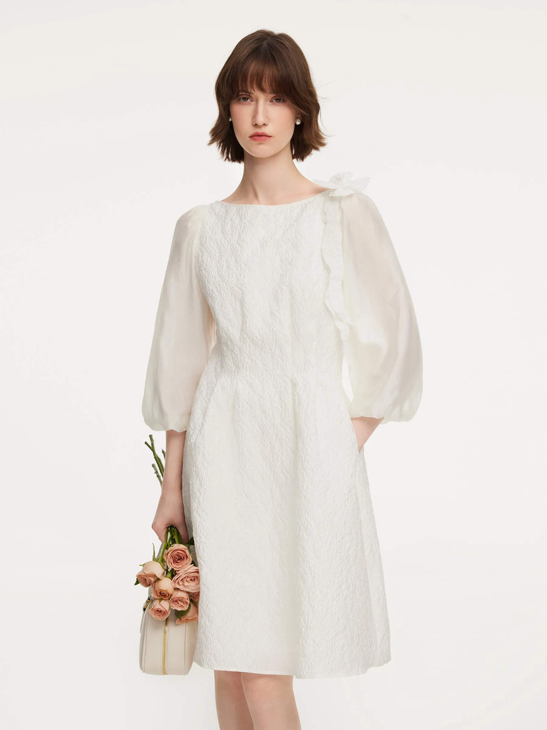 Jacquard Boat Neck Women Midi Dress With Detachable Flower sold by Goelia