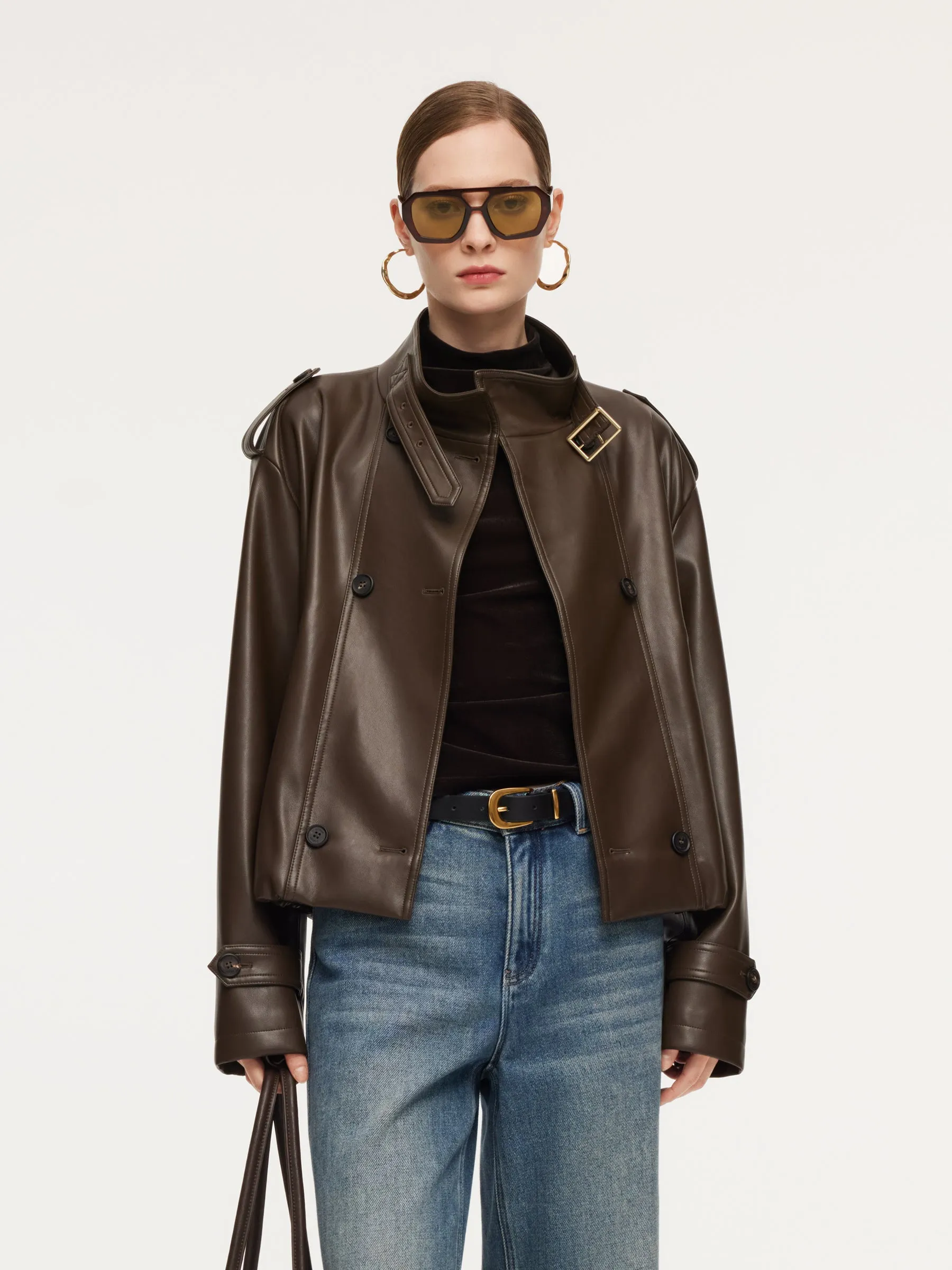 PU Leather Double-Breasted Women Trench Jacket sold by Goelia