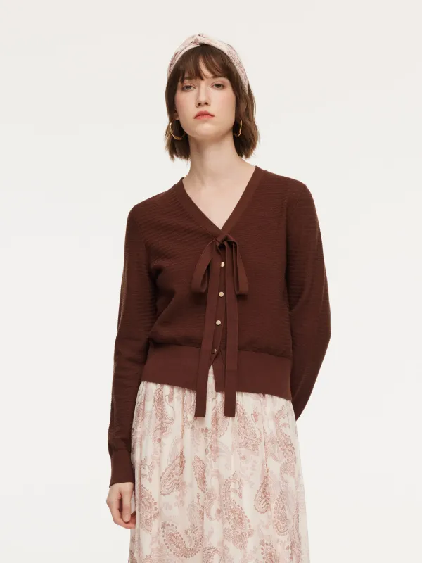 Tencel Wool Blend V-Neck Women Cardigan With Detachable Ribbon sold by Goelia