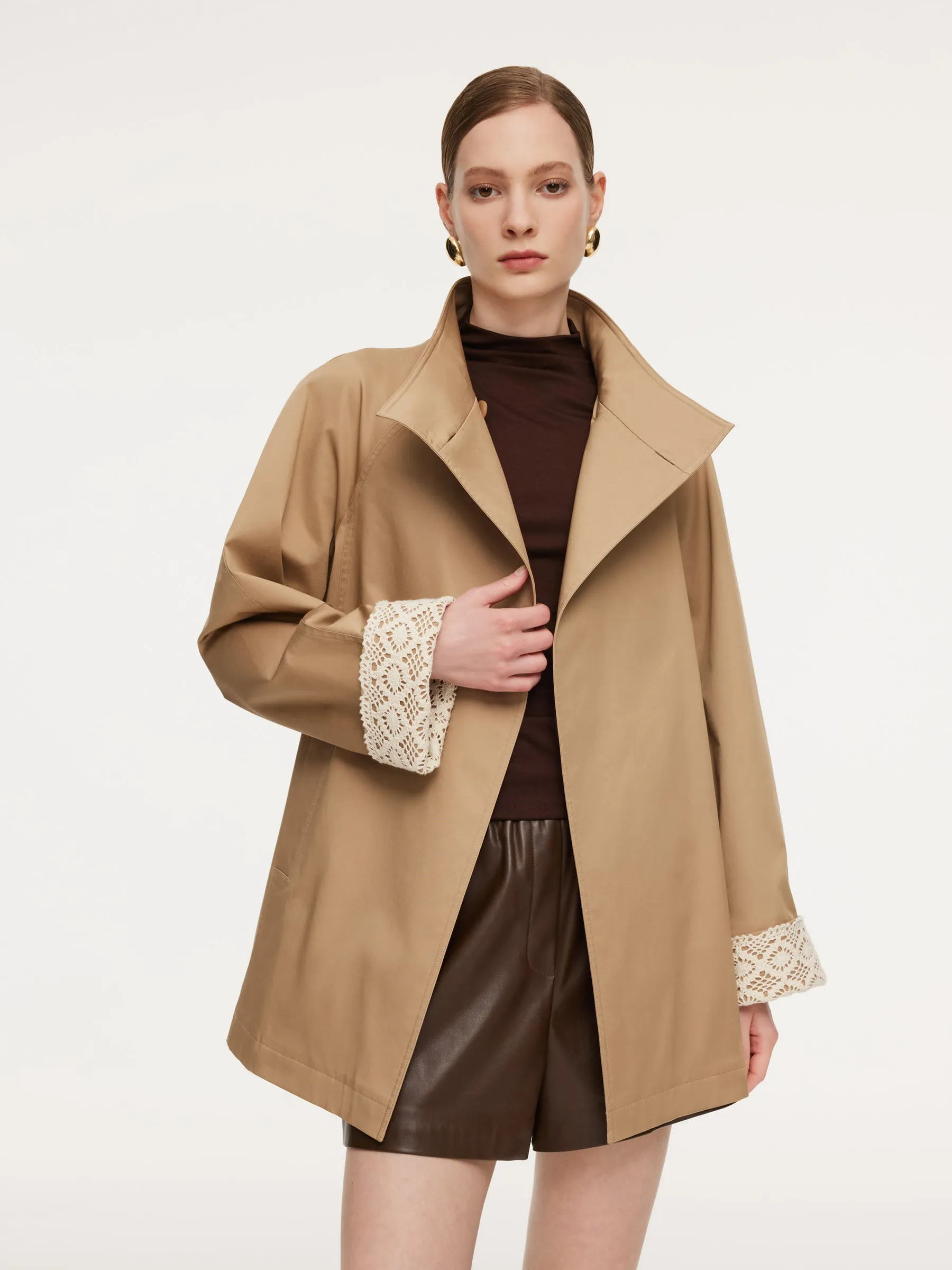 Cotton Stand Collar Lace Cuffs Women Self-Tie Belt Trench Coat sold by Goelia product image thumbnail 3