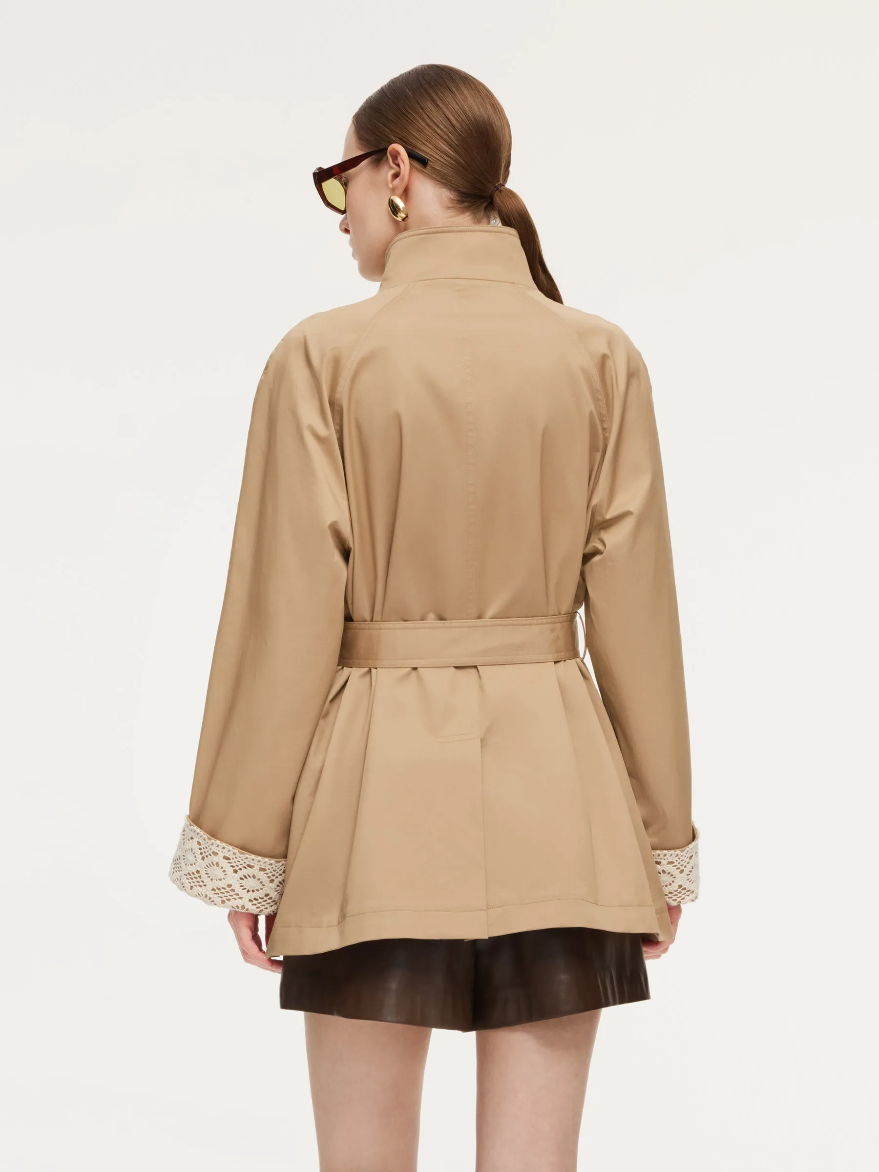 Cotton Stand Collar Lace Cuffs Women Self-Tie Belt Trench Coat sold by Goelia product image thumbnail 4