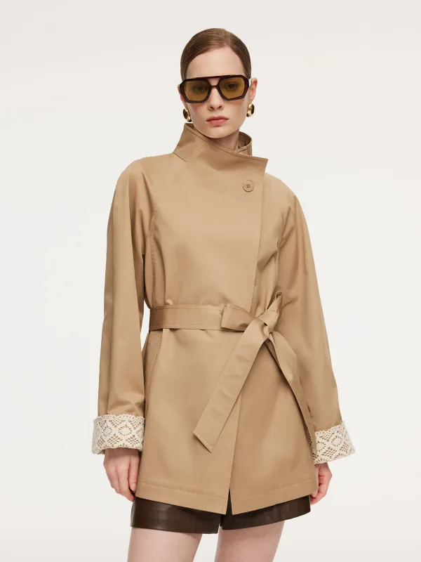 Cotton Stand Collar Lace Cuffs Women Self-Tie Belt Trench Coat sold by Goelia