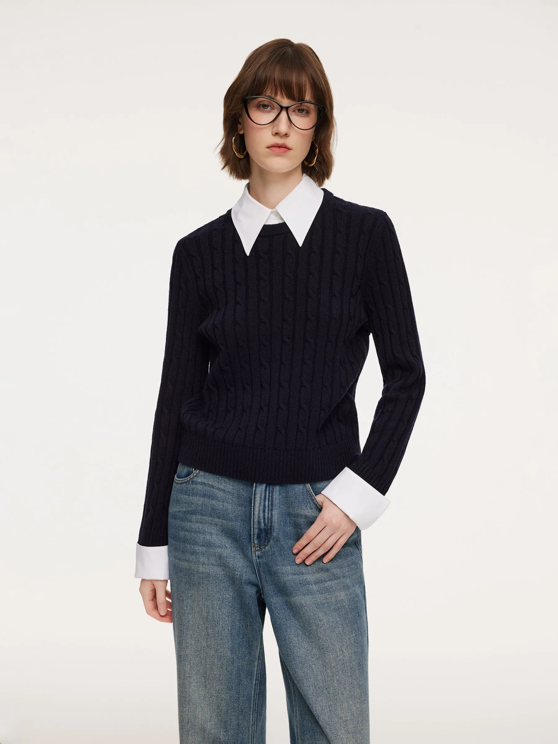 Wool Blend Cable Knit Women Sweater With Detachable Collar And Cuffs sold by Goelia product image thumbnail 2