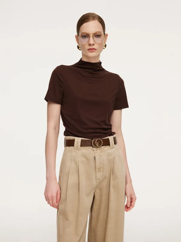 Tencel Blend Mock Neck Ruched Women Knit Top With Triangle Scarf sold by Goelia