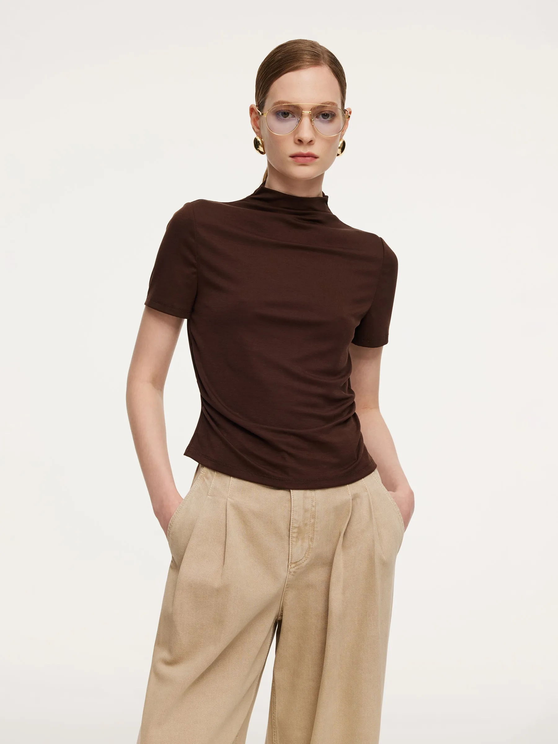 Tencel Blend Mock Neck Ruched Women Knit Top With Triangle Scarf sold by Goelia product image thumbnail 3