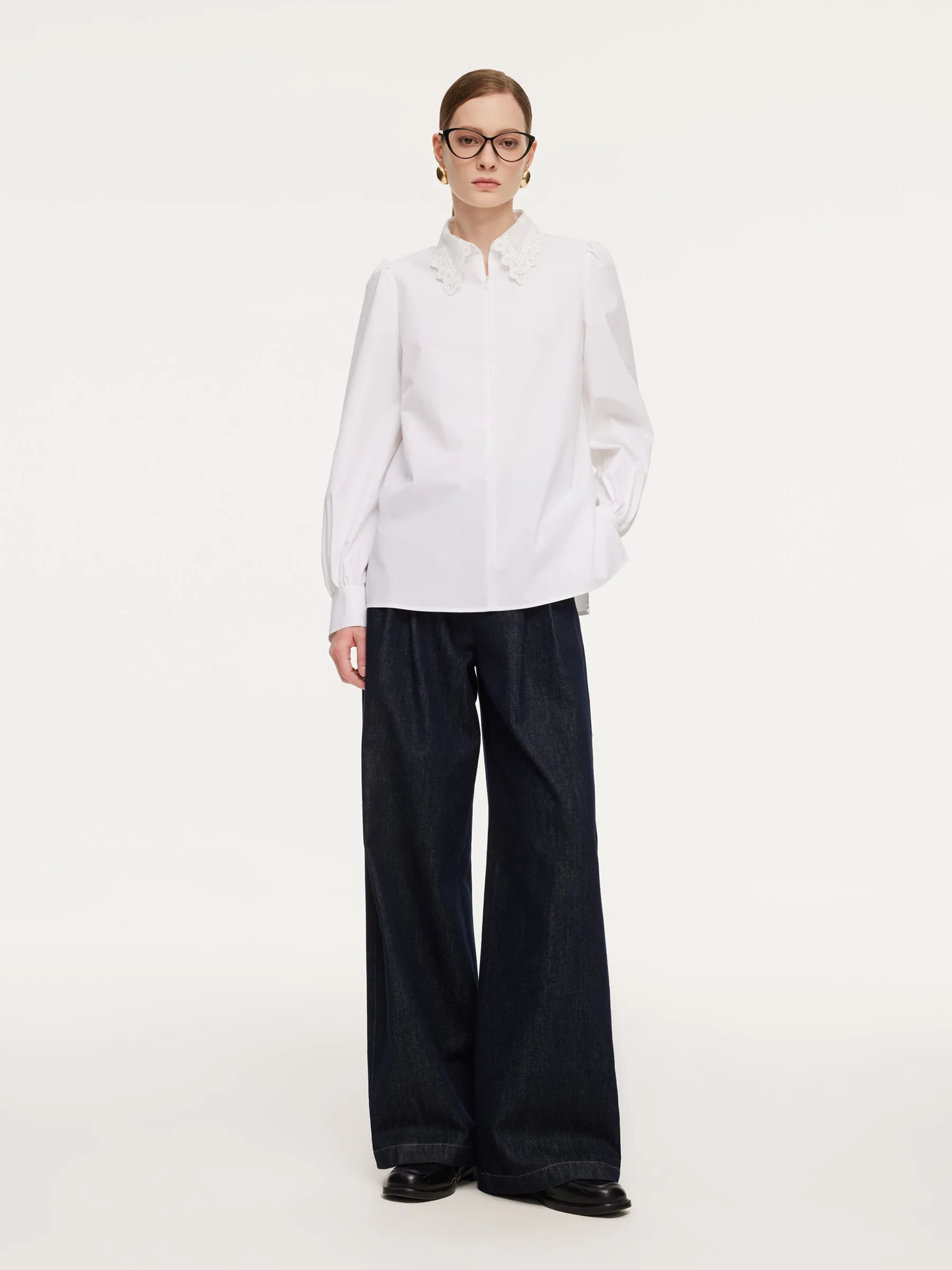 Lace Collar Hidden Half-Zip Women Shirt sold by Goelia product image thumbnail 2