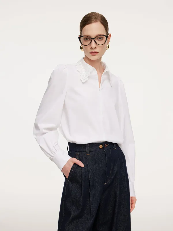 Lace Collar Hidden Half-Zip Women Shirt made by Goelia