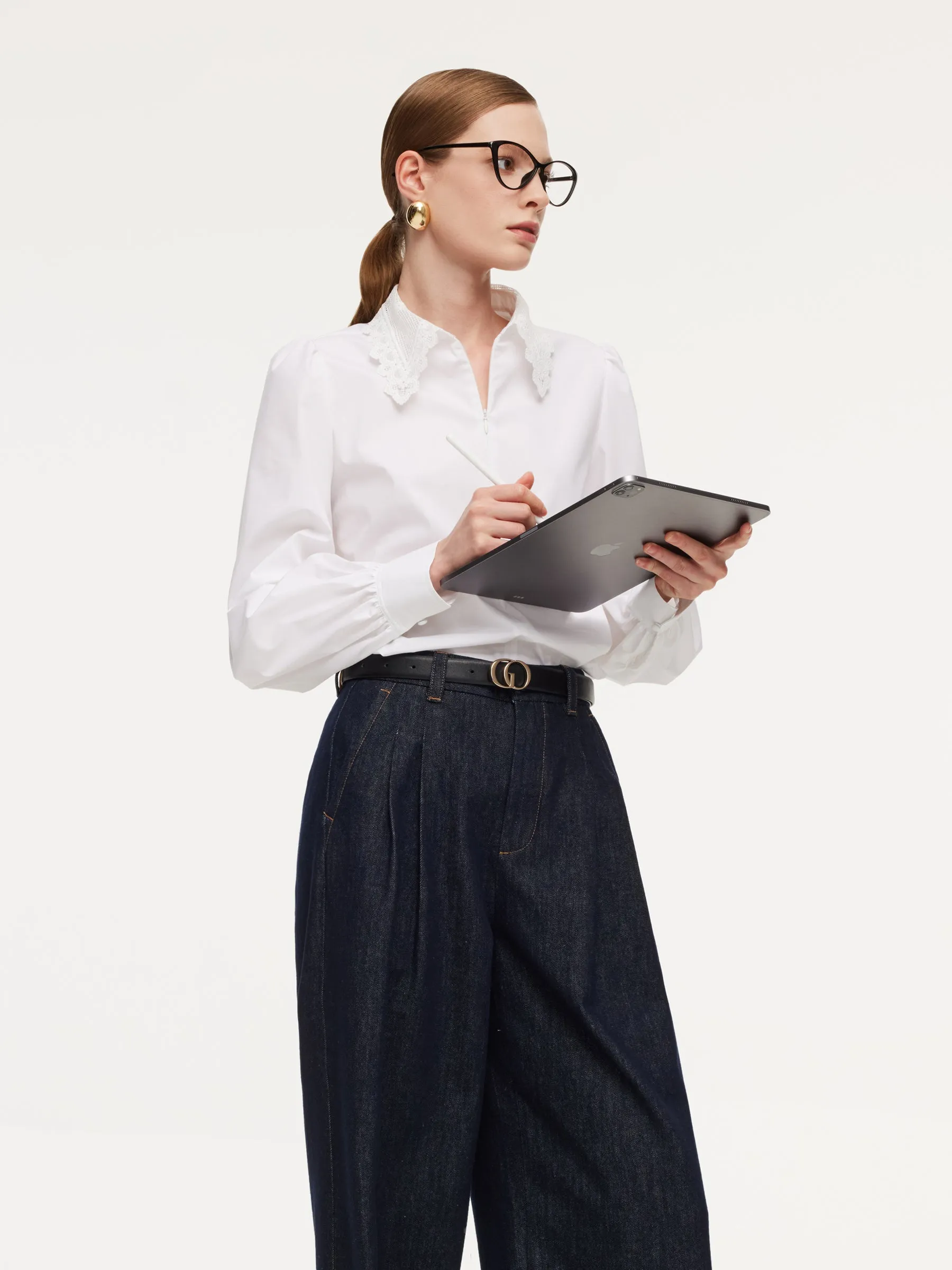 Lace Collar Hidden Half-Zip Women Shirt sold by Goelia product image thumbnail 3