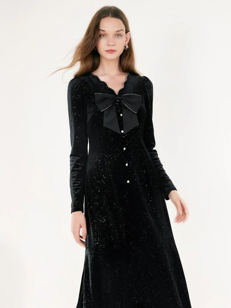 V-Neck Detachable Bowknot Velvet Midi Dress sold by Goelia product image thumbnail 5