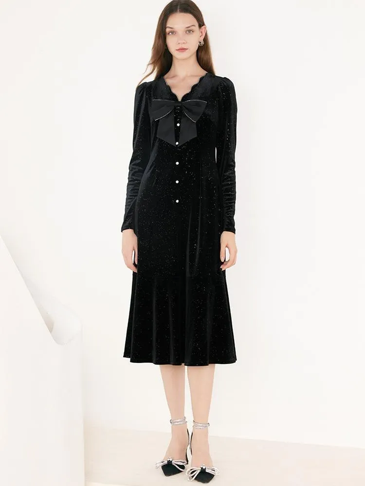 V-Neck Detachable Bowknot Velvet Midi Dress sold by Goelia product image thumbnail 2