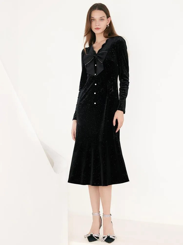 V-Neck Detachable Bowknot Velvet Midi Dress sold by Goelia product image thumbnail 3