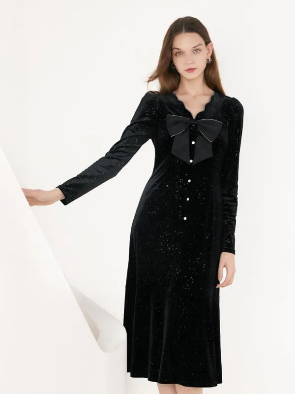 V-Neck Detachable Bowknot Velvet Midi Dress sold by Goelia