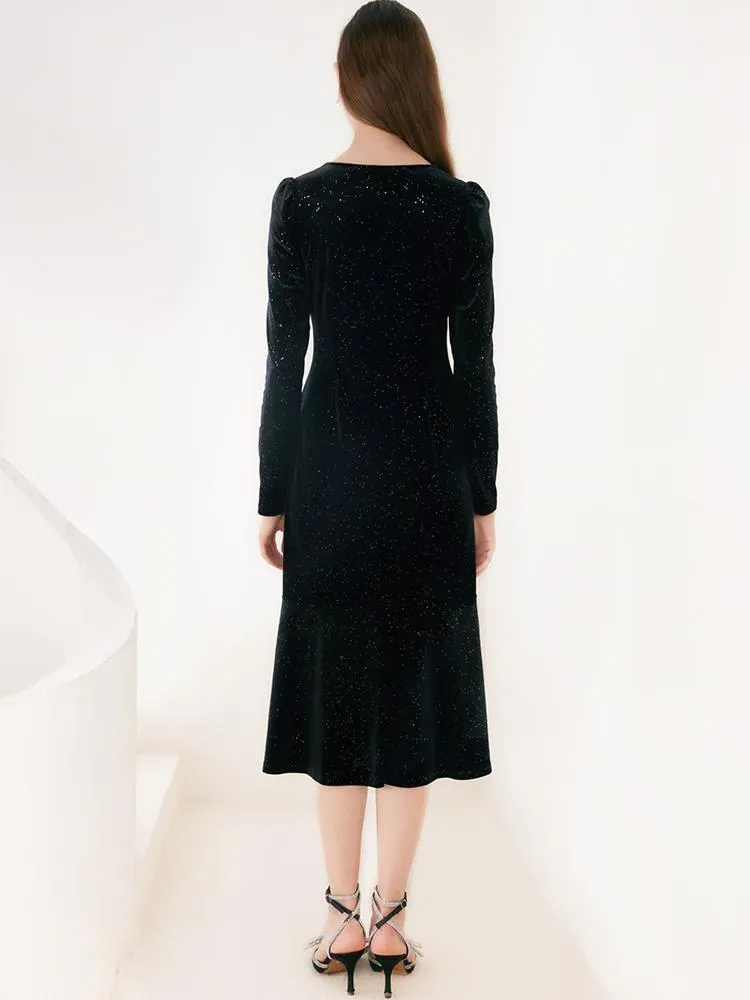 V-Neck Detachable Bowknot Velvet Midi Dress sold by Goelia product image thumbnail 4