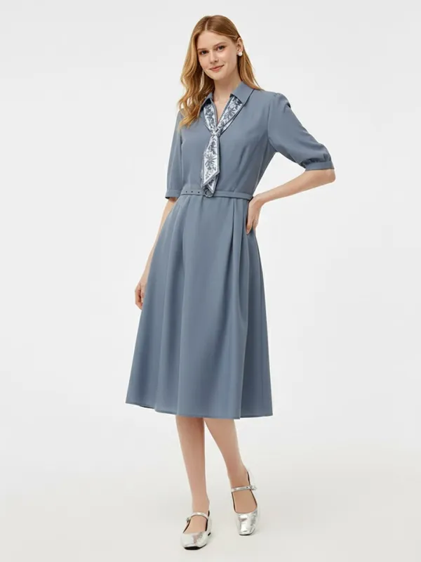 Acetate Tencel Linen Blend Women Midi Dress With Silk Scarf And Belt sold by Goelia