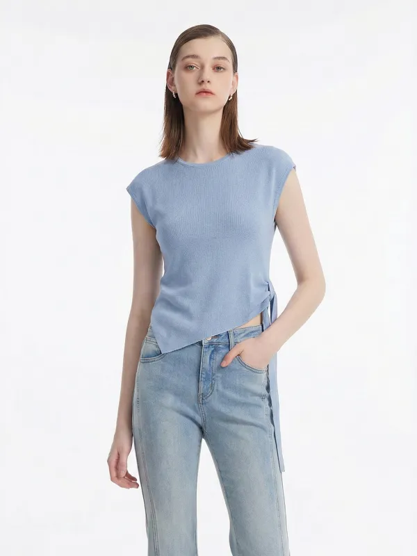 Tencel Blend Asymmetrical Hem Women Knit Top With Ribbon sold by Goelia