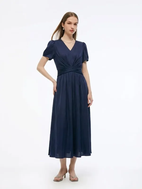 Tencel Blend Twist Front V-Neck Women Maxi Dress sold by Goelia