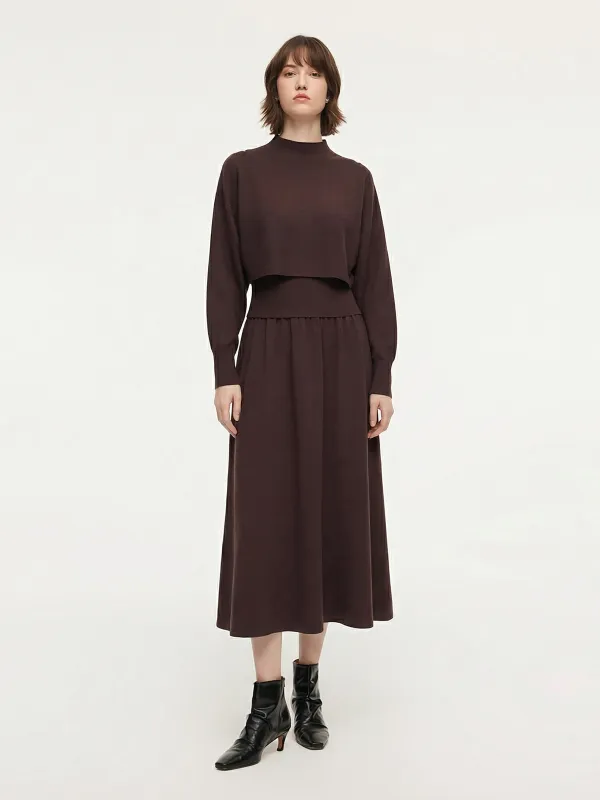 Tencel Wool Blend Mock Neck Tank And Skirt And Knit Top Three-Piece Set sold by Goelia