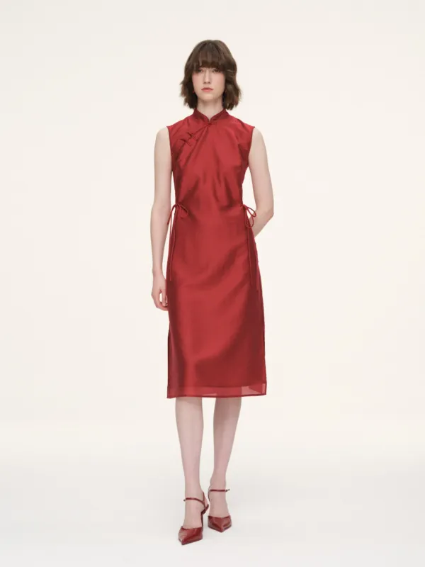 Tencel Blend Sleeveless Women Qipao Midi Dress sold by Goelia