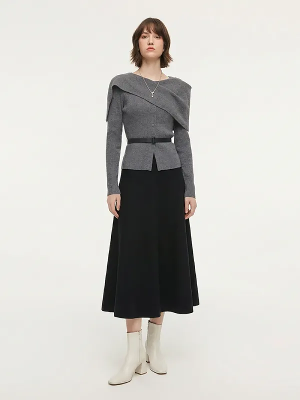Cape Style Knit Top And Skirt Two-Piece Set With Belt made by Goelia