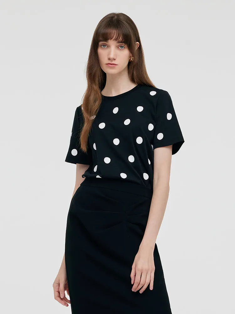 Round Neck Polka Dots Printed Women T-Shirt sold by Goelia