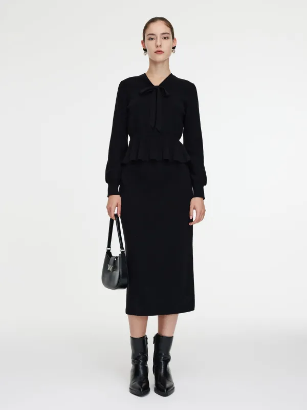 Tencel Wool Blend Tie Front V-Neck Knit Top And Skirt Two-Piece Set sold by Goelia