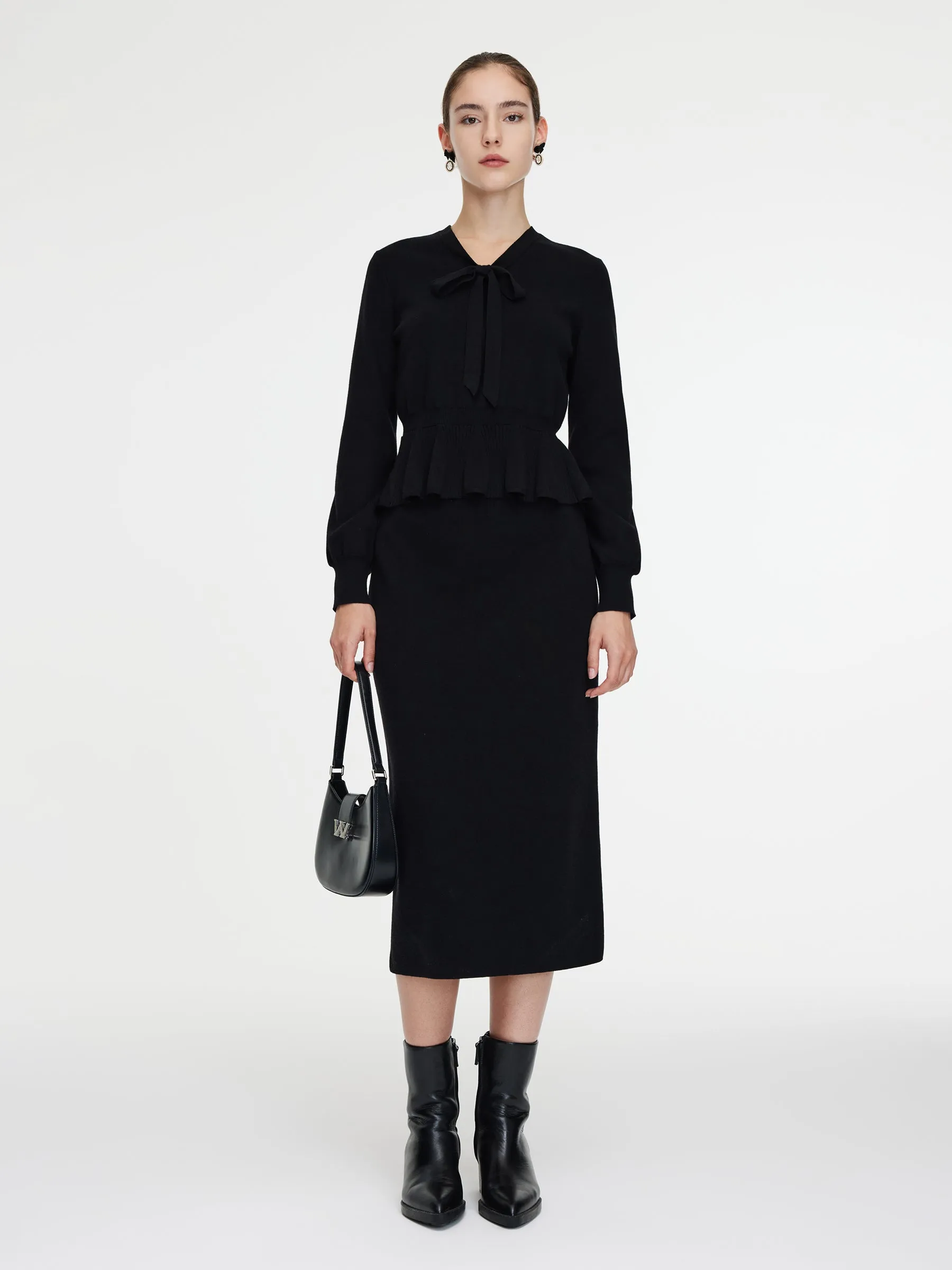 Tencel Wool Blend Tie Front V-Neck Knit Top And Skirt Two-Piece Set sold by Goelia