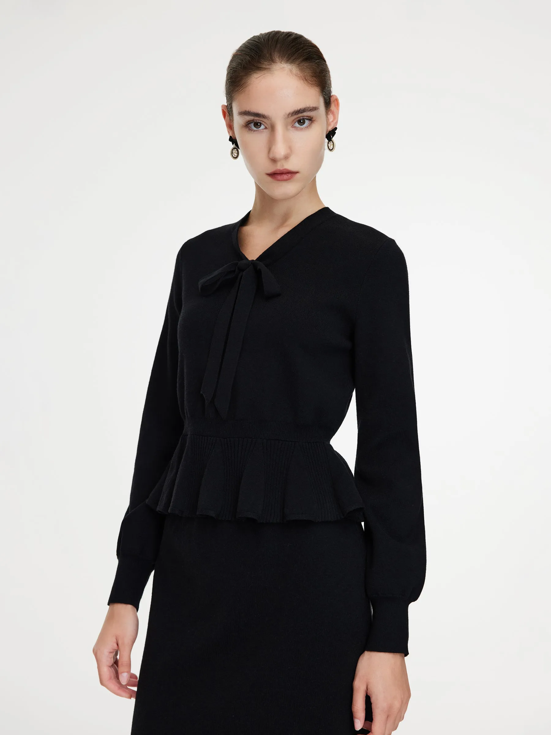 Tencel Wool Blend Tie Front V-Neck Knit Top And Skirt Two-Piece Set sold by Goelia product image thumbnail 5