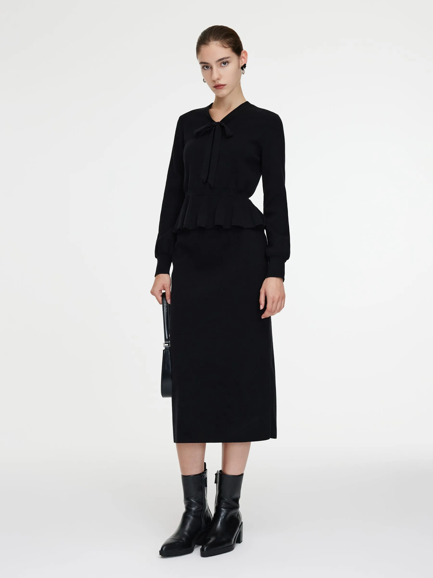 Tencel Wool Blend Tie Front V-Neck Knit Top And Skirt Two-Piece Set sold by Goelia product image thumbnail 2