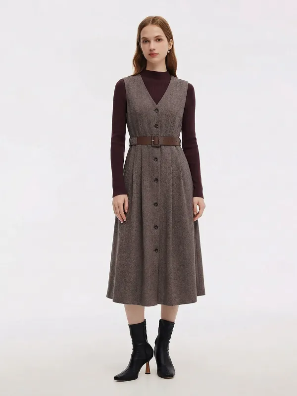 Washable Wool Vest Dress And Mock Neck Knit Top Two-Piece Set With Belt sold by Goelia