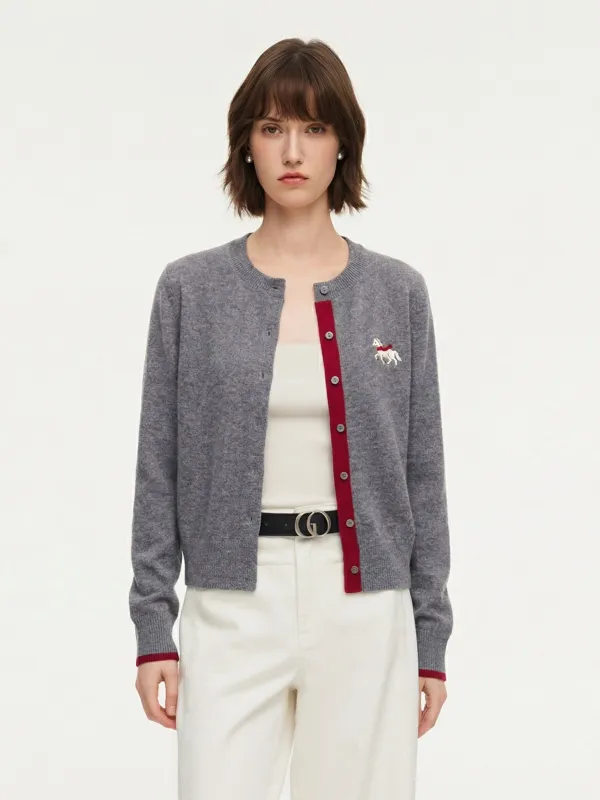100% Wool Color Block Pony Embroidered Women Cardigan sold by Goelia