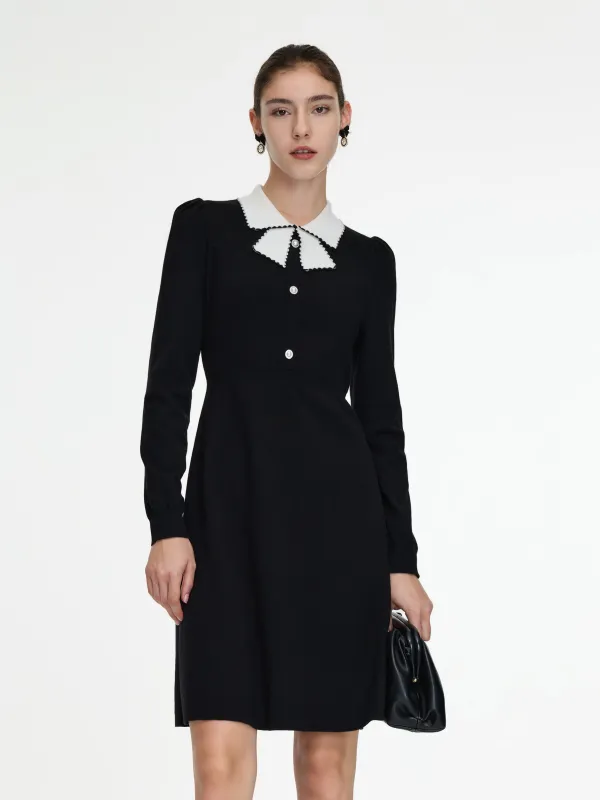 Tencel Wool Blend Color Block Collar Women Knit Mini Dress sold by Goelia