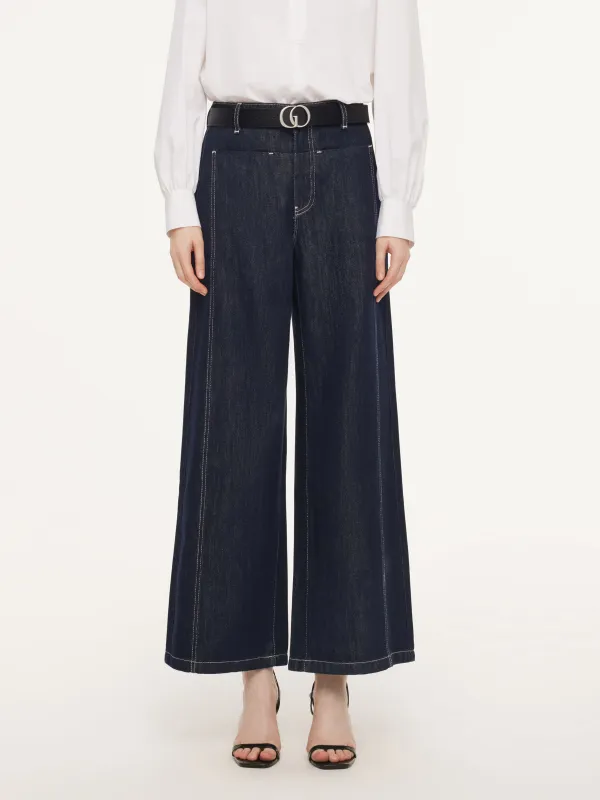 Lyocell Blend Denim Paneled Seam Women Wide Leg Jeans With Belt sold by Goelia