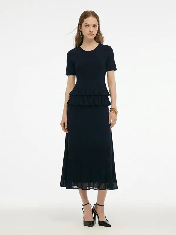 Ruffle Hem Knit Top And A-Line Skirt Two-Piece Set sold by Goelia