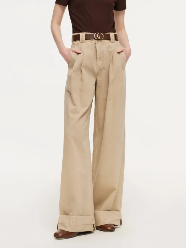 Cotton Denim Straight Wide Leg Women Folded Jeans With Belt sold by Goelia