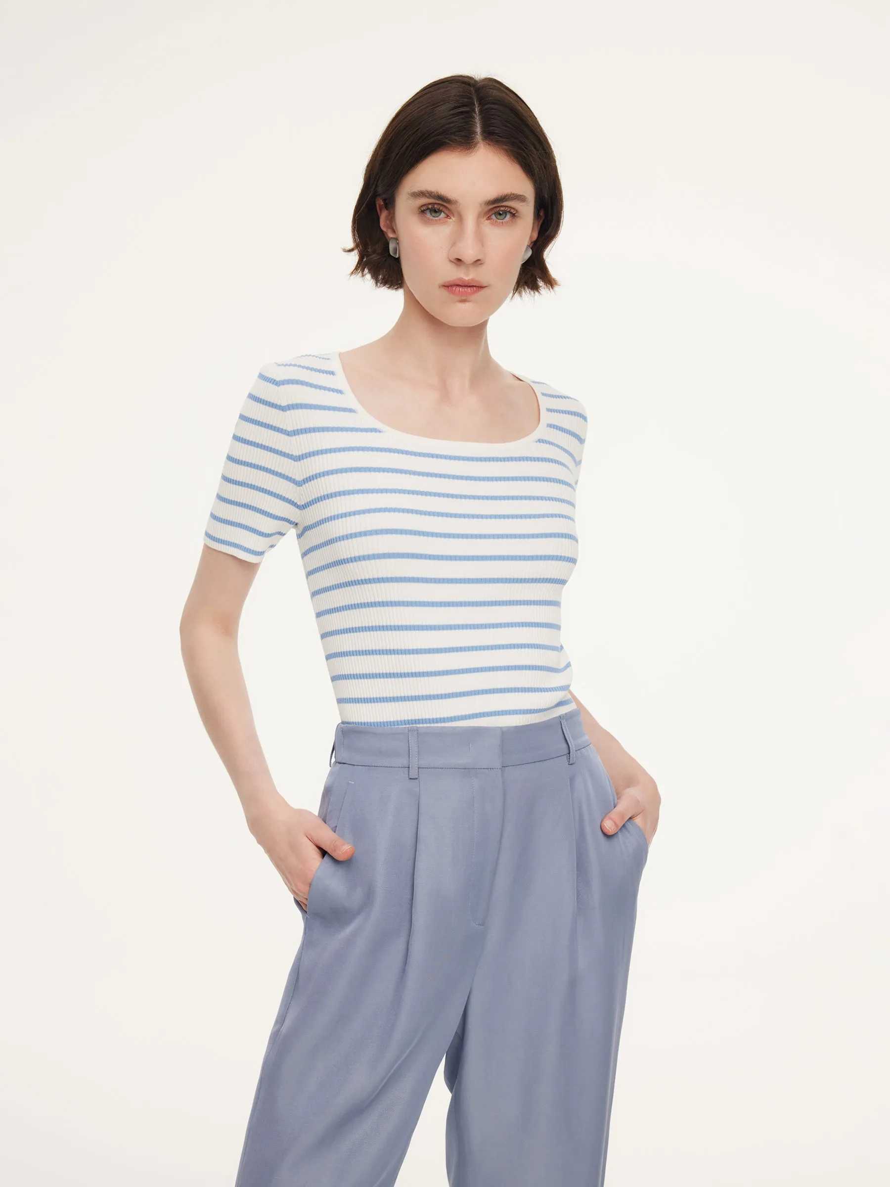 Lyocell Blend Stripe Square Neck Women Knit Top sold by Goelia product image thumbnail 5