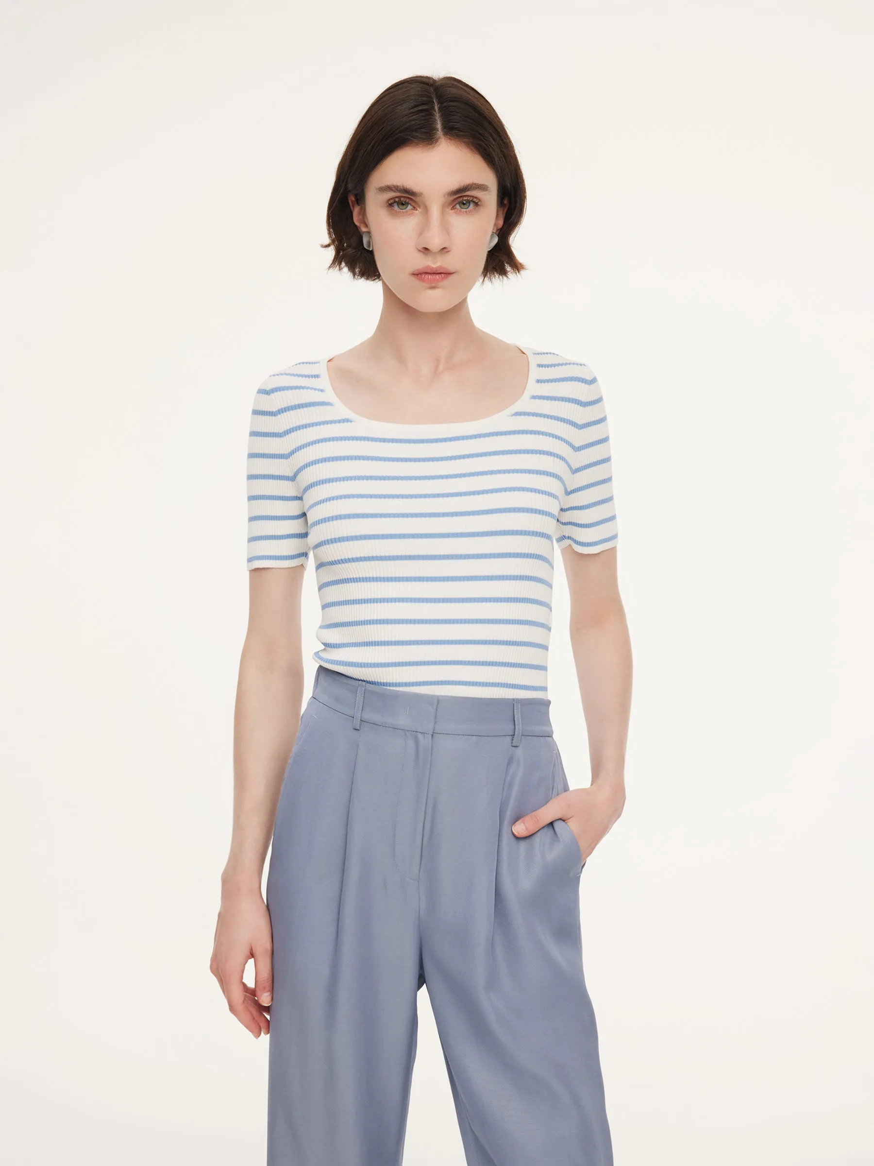 Lyocell Blend Stripe Square Neck Women Knit Top sold by Goelia